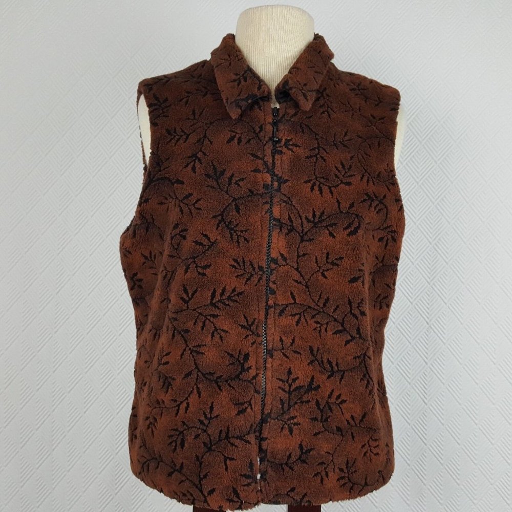 Alexis & Avery Womens Sleeveless Collared Fleece Vest Brown Textured Size Medium